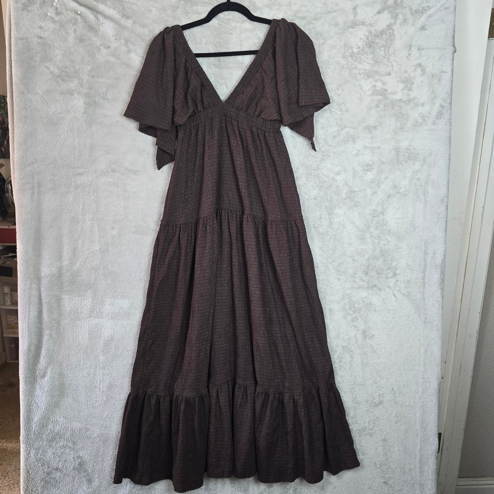 Kikibell Brown Textured Maxi Dress XS Smocked Empire Waist Flutter Sleeve Tiered